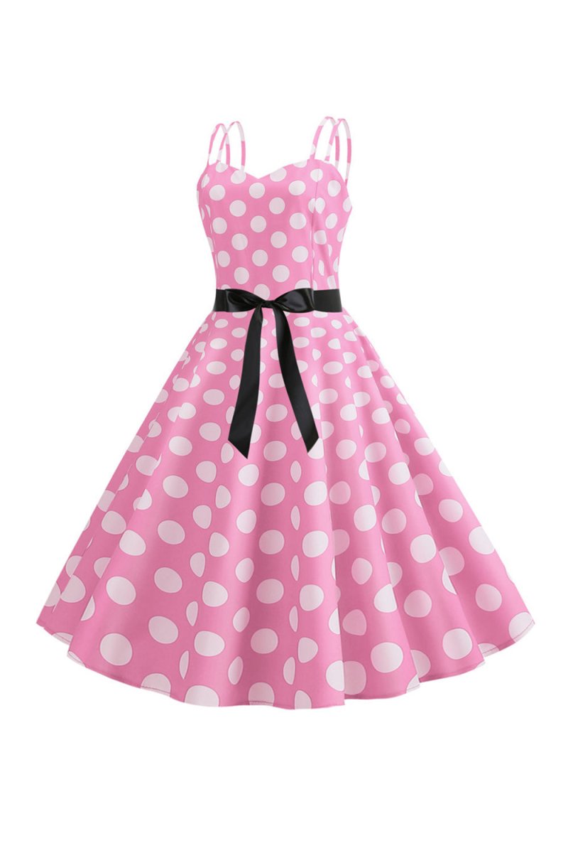 Pink Polka Dots Spaghetti Straps 1950s Dress With Bow - KissProm