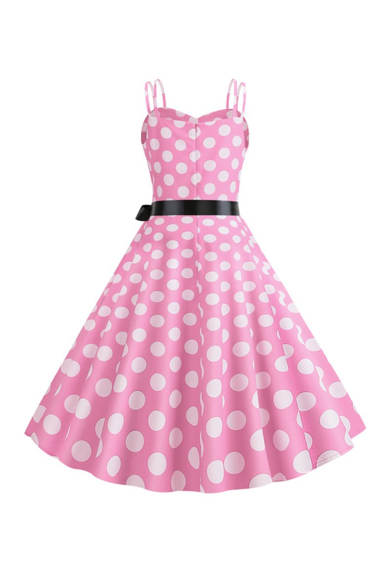 Pink Polka Dots Spaghetti Straps 1950s Dress With Bow - KissProm