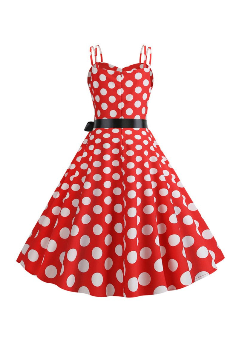 Pink Polka Dots Spaghetti Straps 1950s Dress With Bow - KissProm