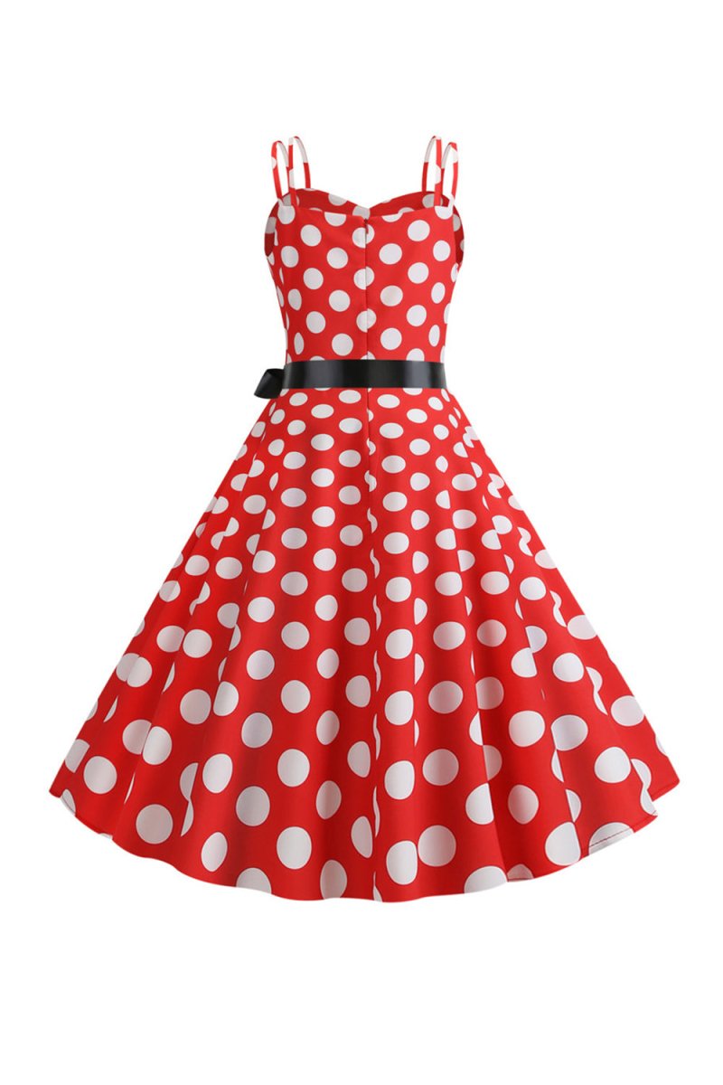 Pink Polka Dots Spaghetti Straps 1950s Dress With Bow - KissProm