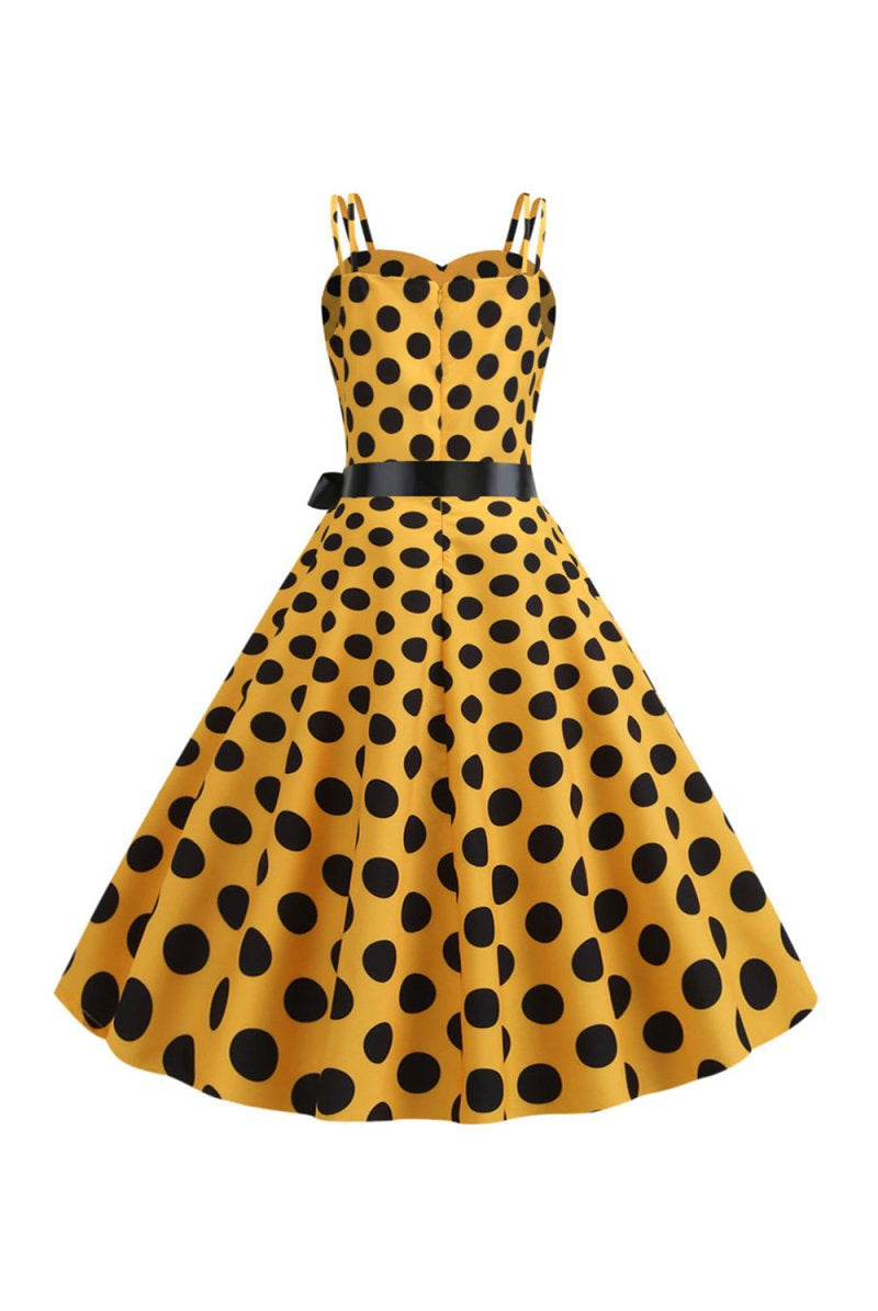 Pink Polka Dots Spaghetti Straps 1950s Dress With Bow - KissProm