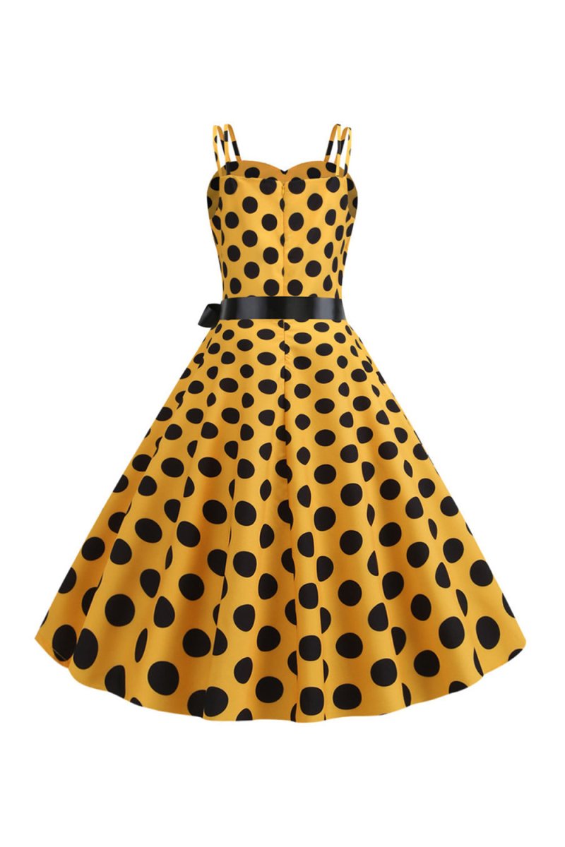 Pink Polka Dots Spaghetti Straps 1950s Dress With Bow - KissProm