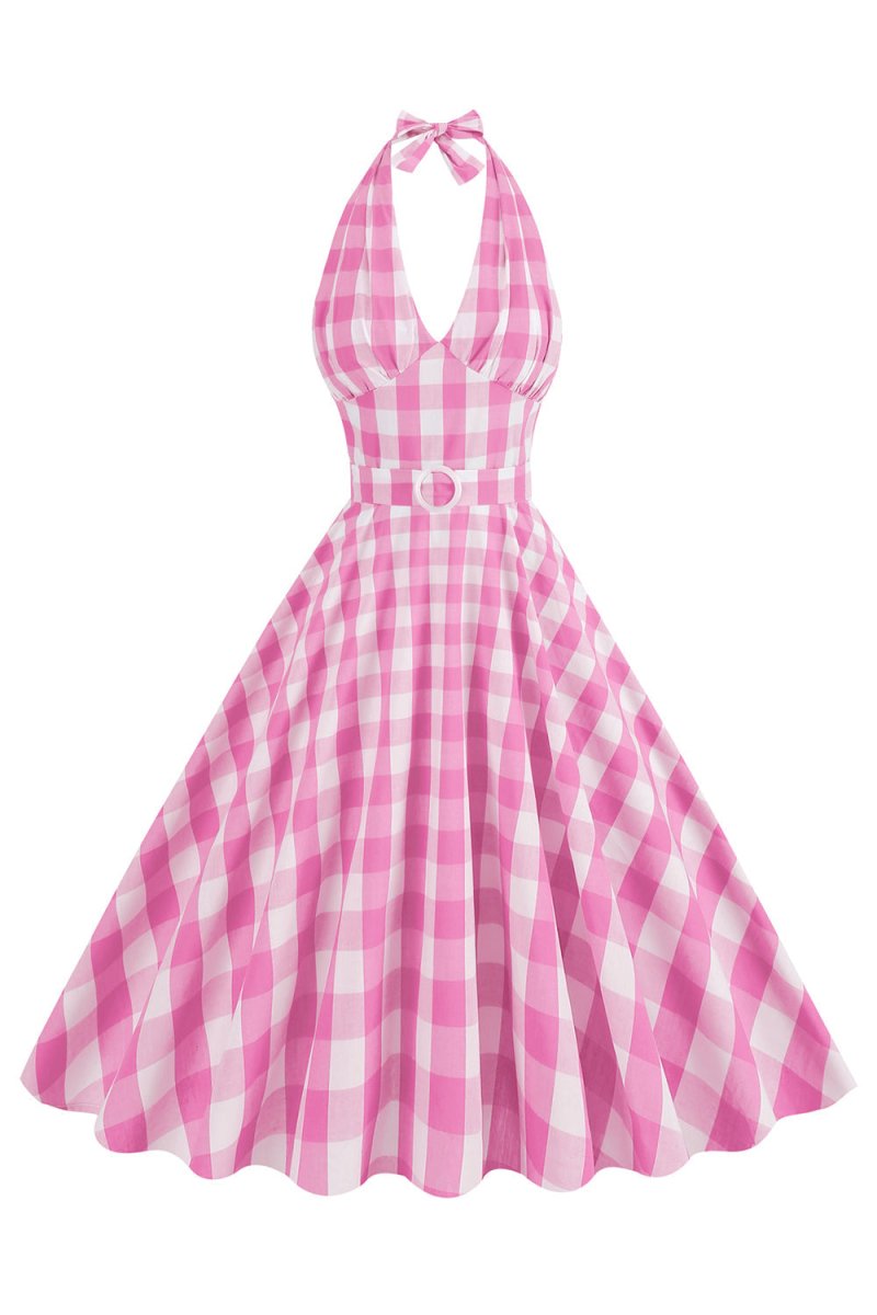 Pink Halter Plaid Sleeveless 1950s Dress With Belt - KissProm