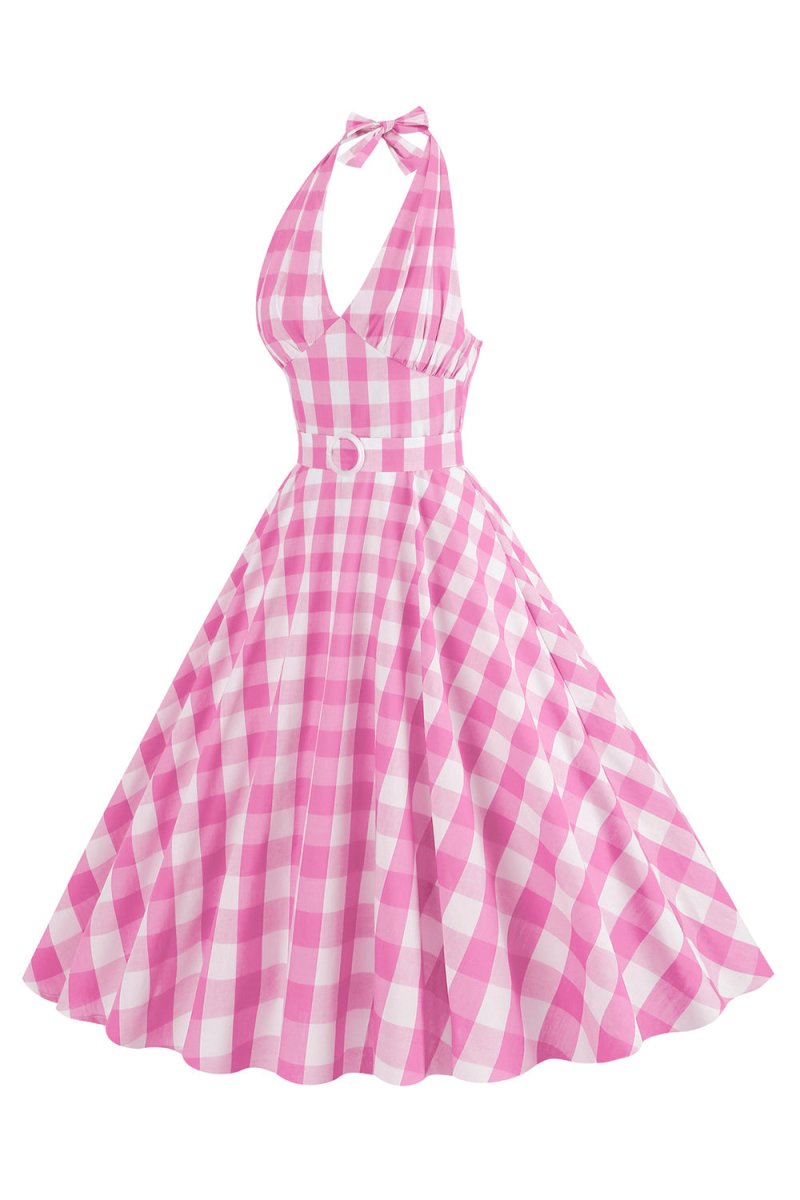 Pink Halter Plaid Sleeveless 1950s Dress With Belt - KissProm