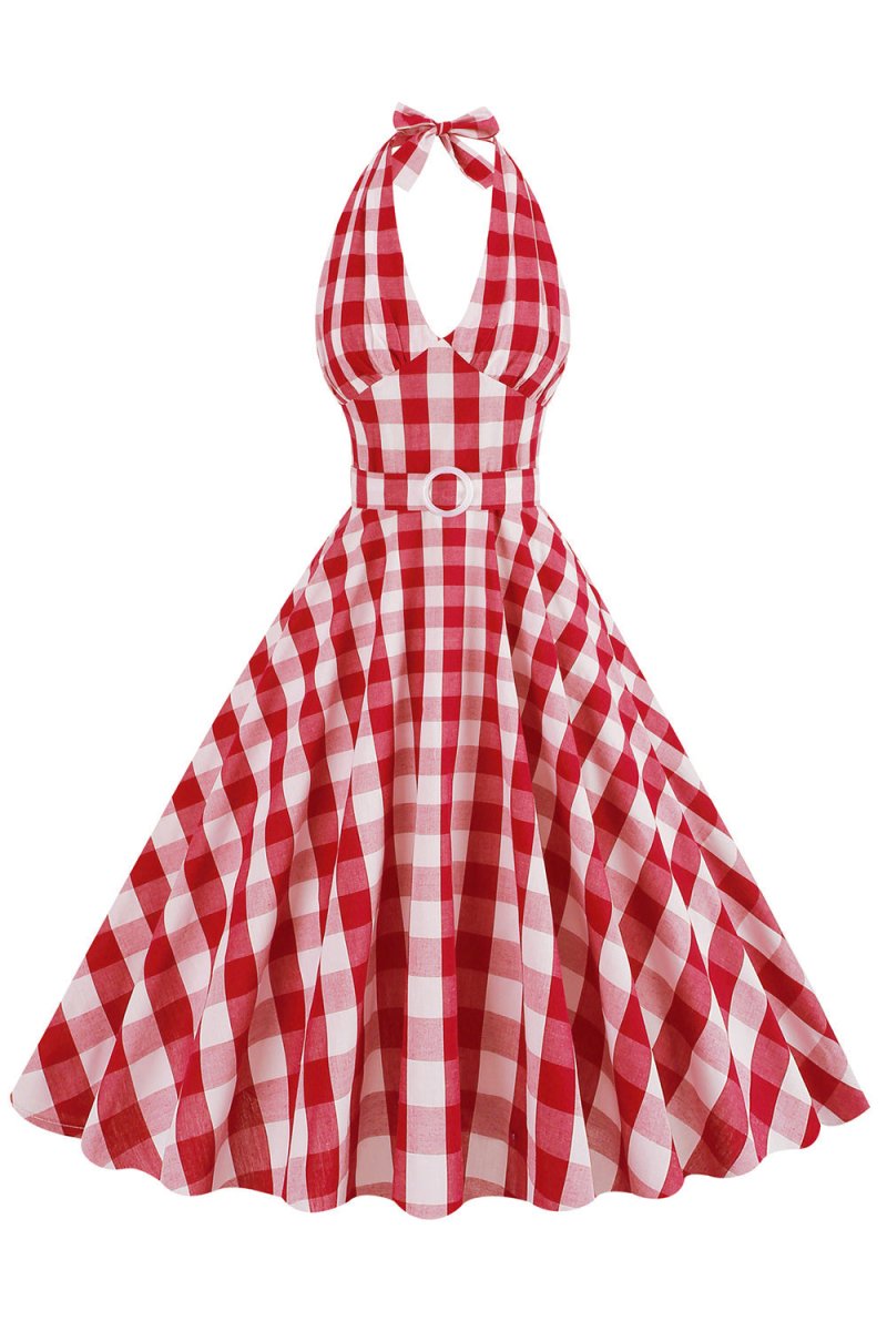 Pink Halter Plaid Sleeveless 1950s Dress With Belt - KissProm