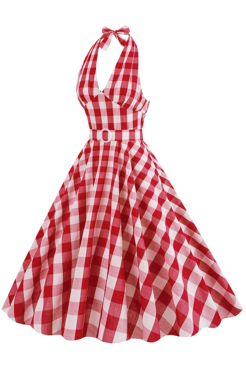 Pink Halter Plaid Sleeveless 1950s Dress With Belt - KissProm