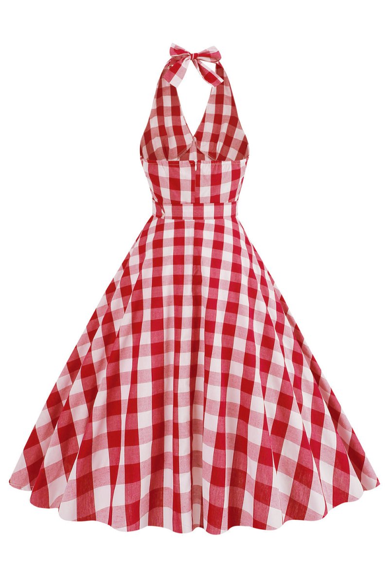 Pink Halter Plaid Sleeveless 1950s Dress With Belt - KissProm