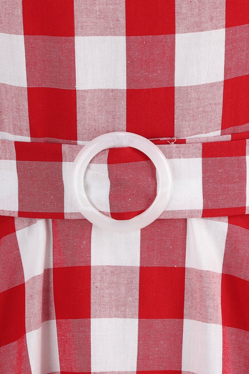 Pink Halter Plaid Sleeveless 1950s Dress With Belt - KissProm