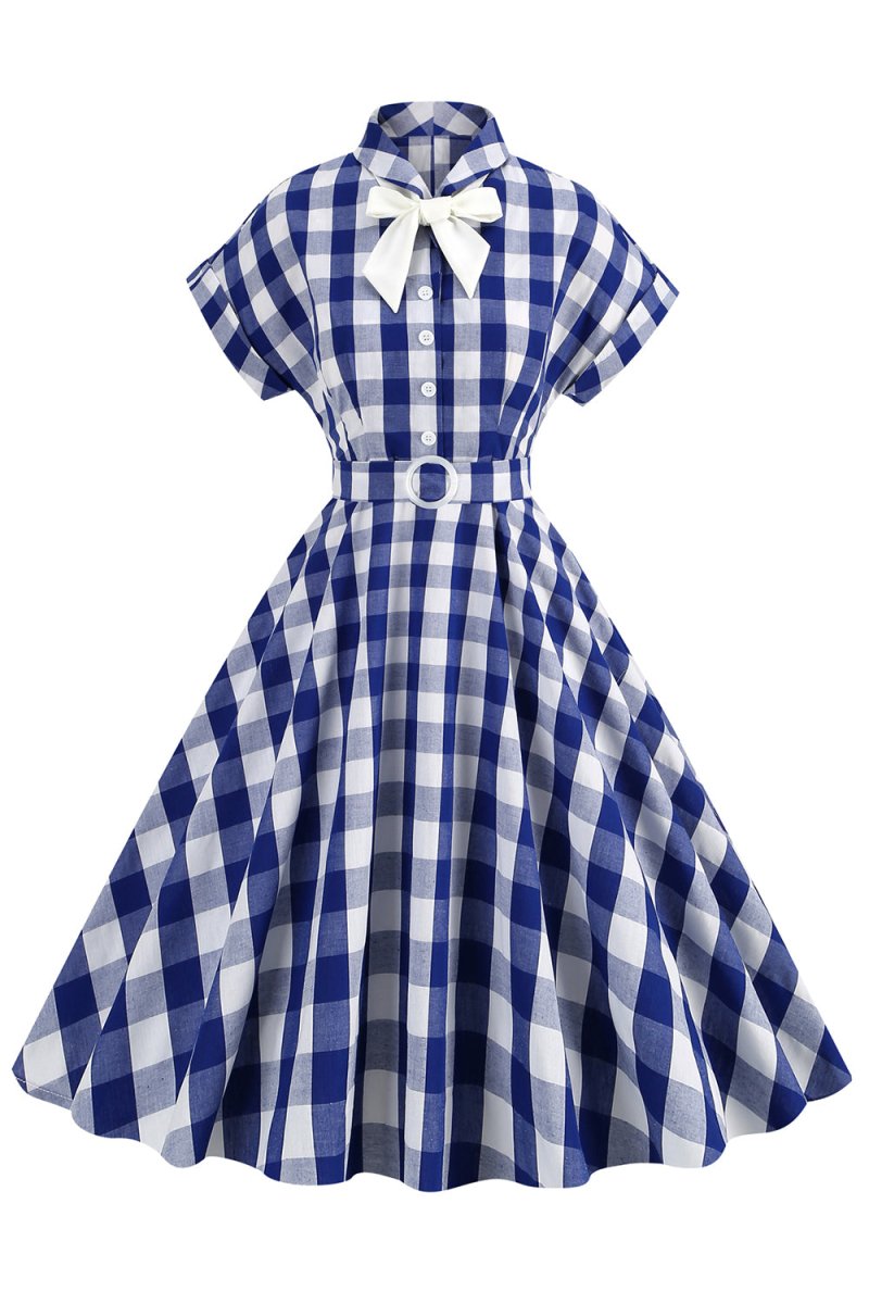 Pink Plaid Bowknot 1950s Dress With Short Sleeves - KissProm