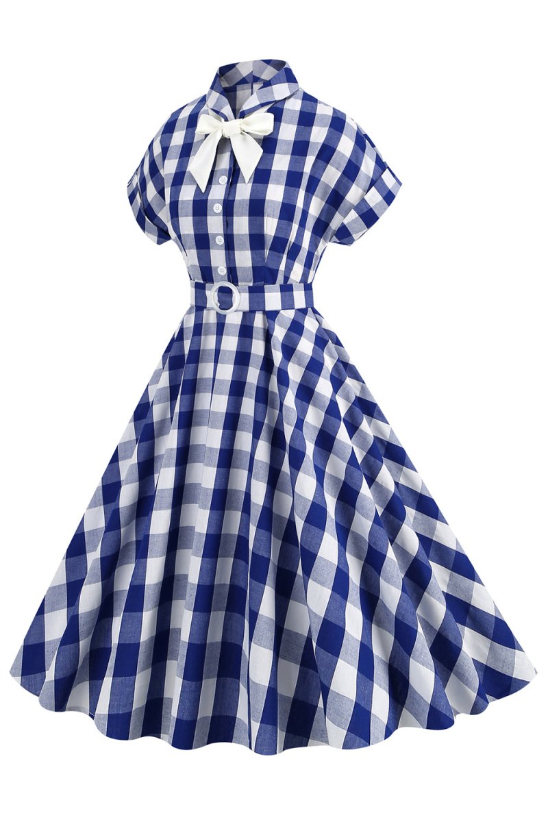 Pink Plaid Bowknot 1950s Dress With Short Sleeves - KissProm