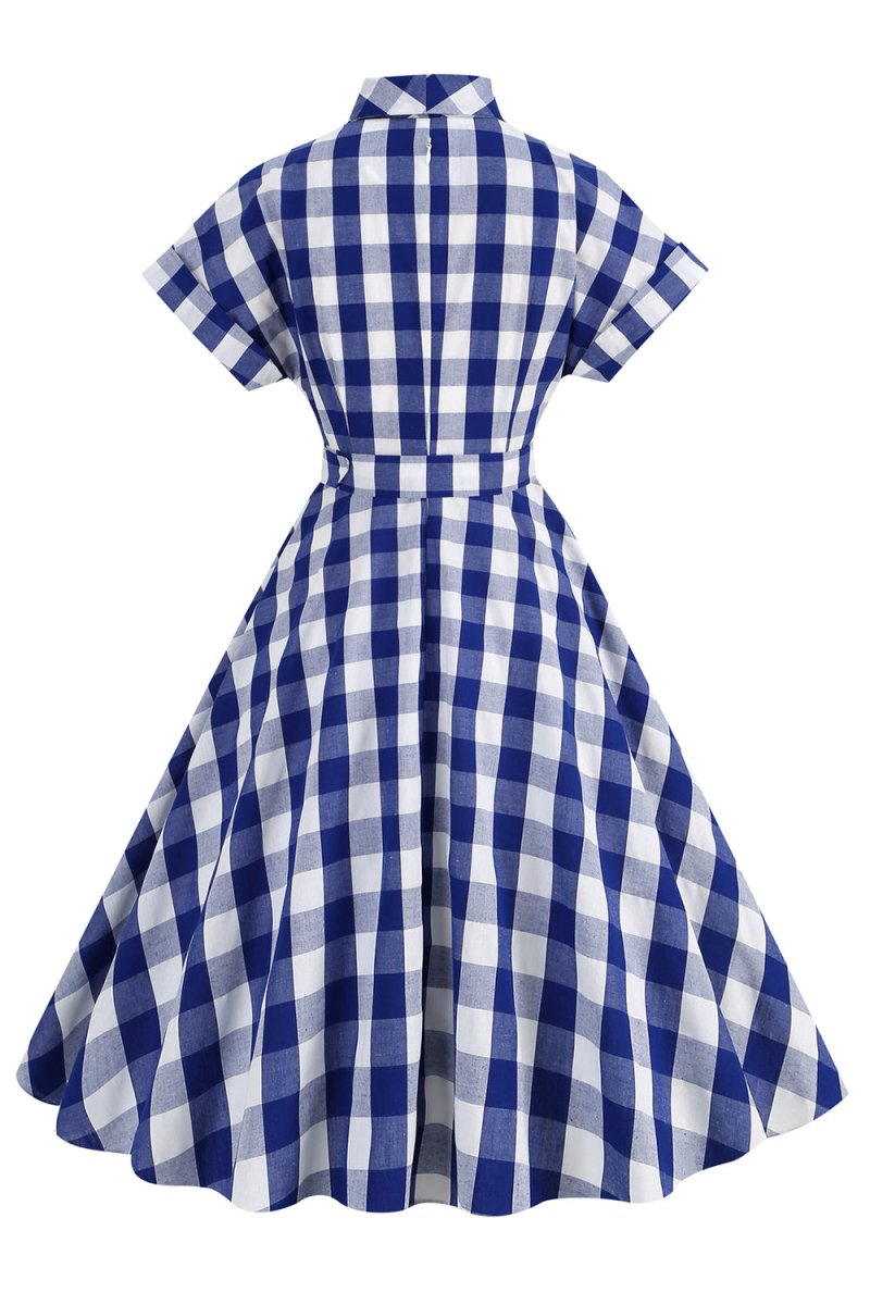 Pink Plaid Bowknot 1950s Dress With Short Sleeves - KissProm