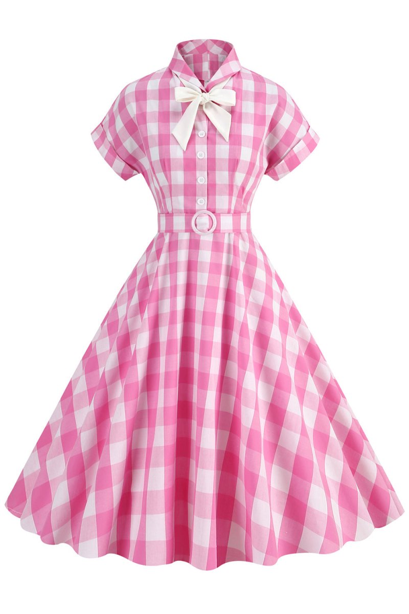Pink Plaid Bowknot 1950s Dress With Short Sleeves - KissProm