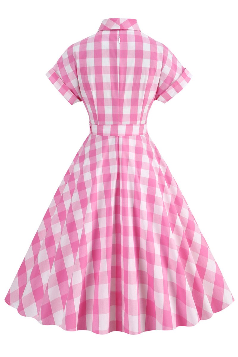 Pink Plaid Bowknot 1950s Dress With Short Sleeves - KissProm