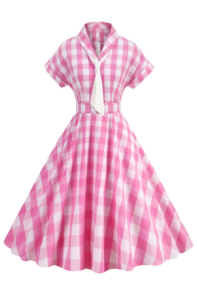 Pink Plaid Bowknot 1950s Dress With Short Sleeves - KissProm