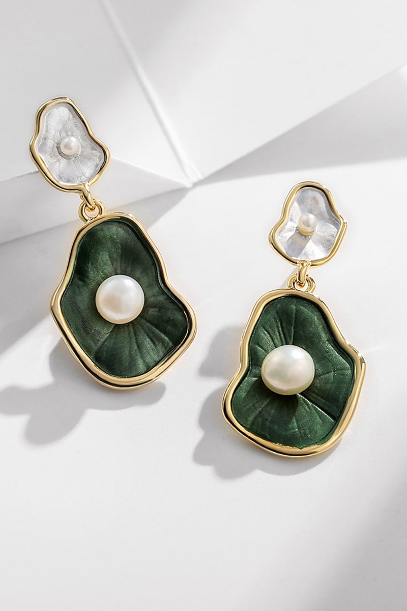 Green Lotus Leaf Pearl Earrings - KissProm