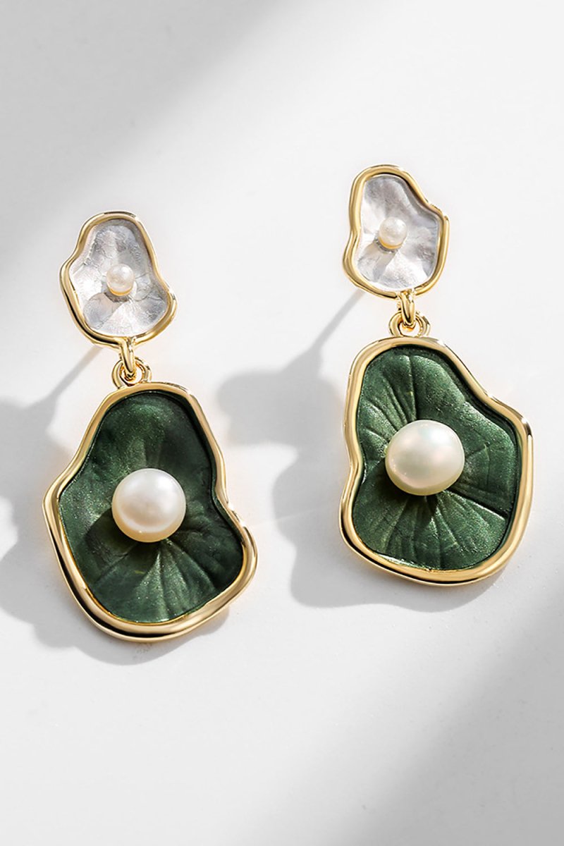 Green Lotus Leaf Pearl Earrings - KissProm