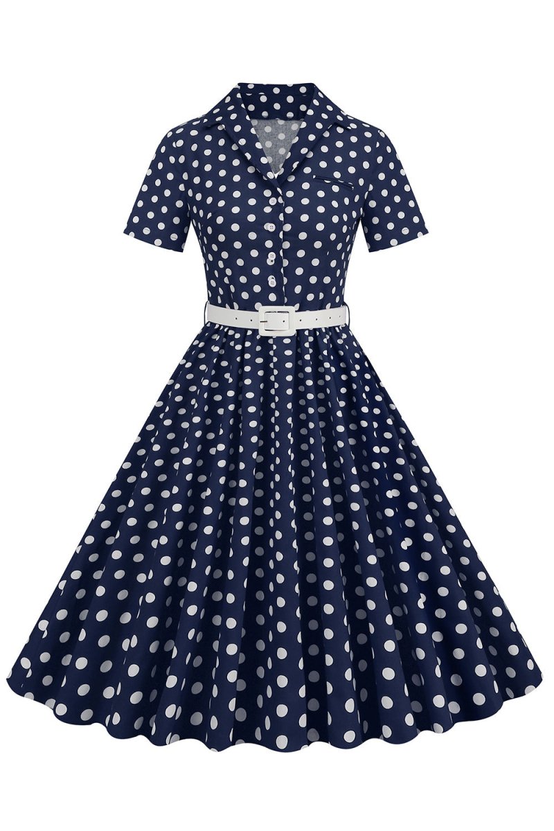 Hepburn Style V Neck Blue Polka Dots 1950s Dress - KissProm