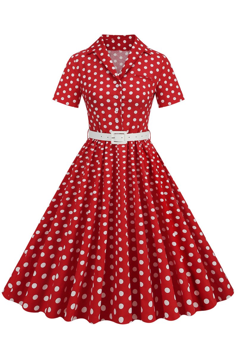 Hepburn Style V Neck Blue Polka Dots 1950s Dress - KissProm