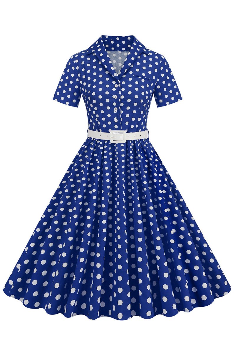 Hepburn Style V Neck Blue Polka Dots 1950s Dress - KissProm