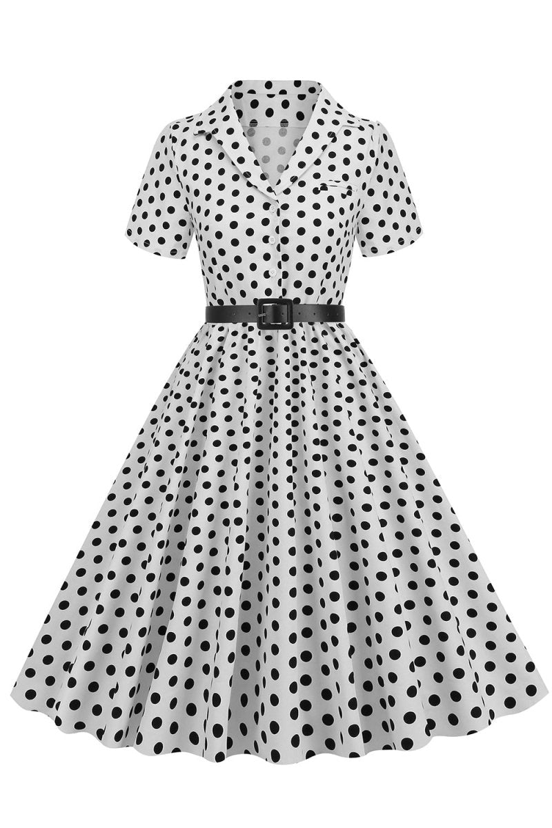 Hepburn Style V Neck Blue Polka Dots 1950s Dress - KissProm