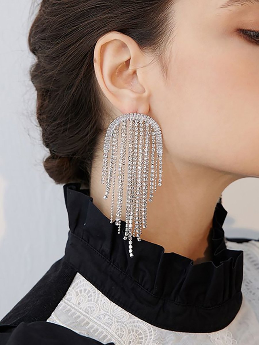 Silver Statement Tassel Long Earrings - KissProm