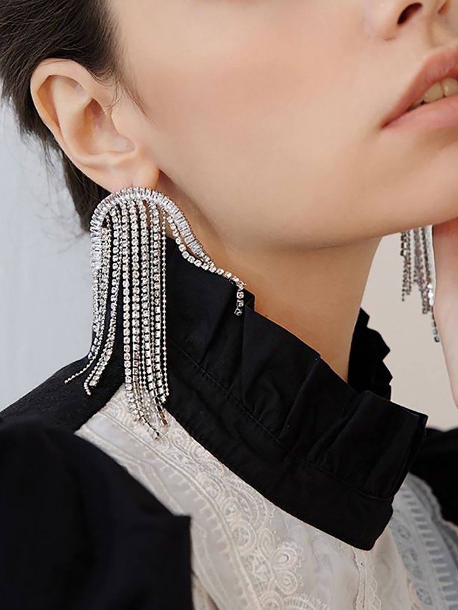 Silver Statement Tassel Long Earrings - KissProm