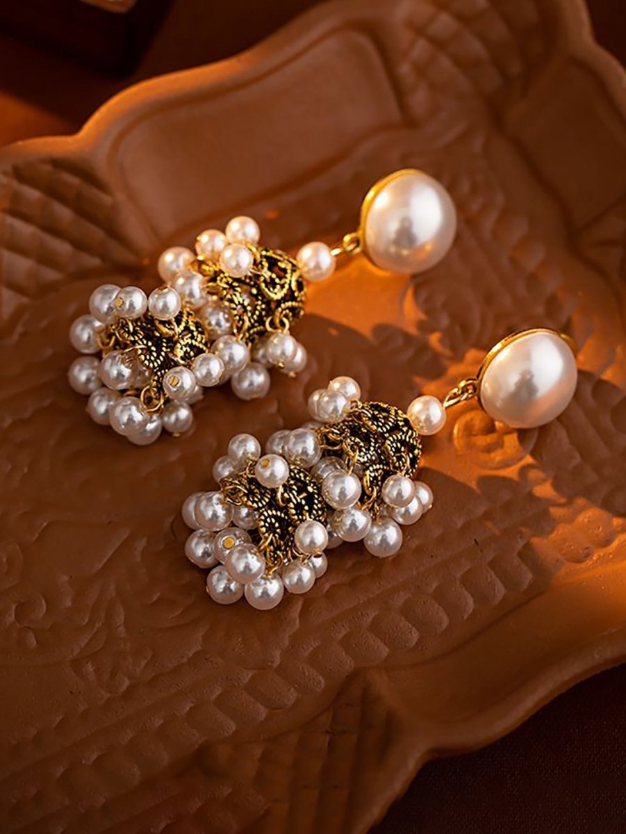 Golden Vintage Dangle Tassel Pearl Earrings - KissProm