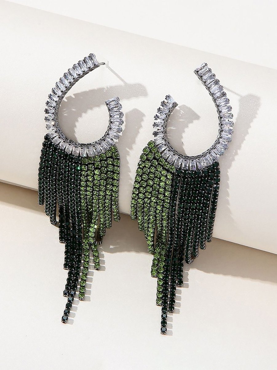 Green Statement Rhinestones Tassel Long Earrings - KissProm