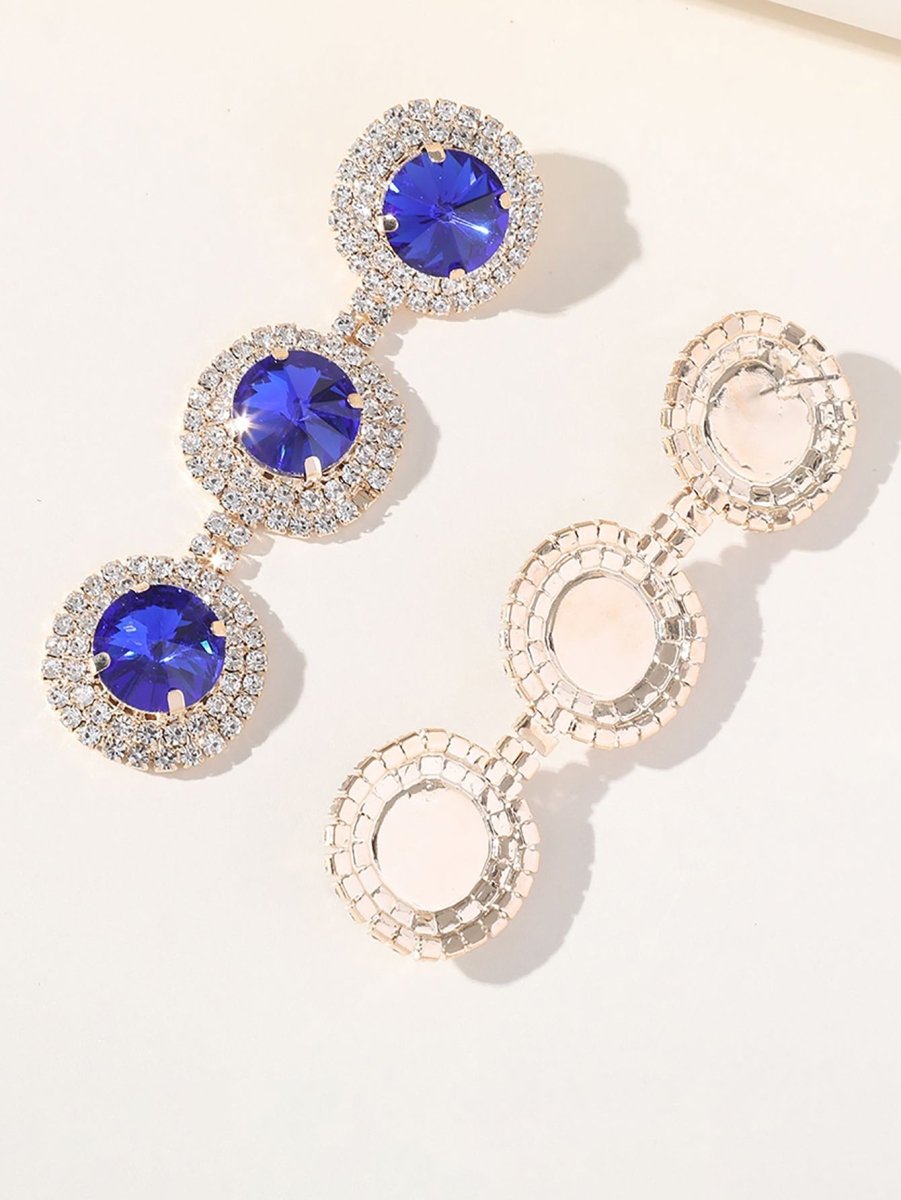 Royal Blue Rhinestones Long Round Earrings