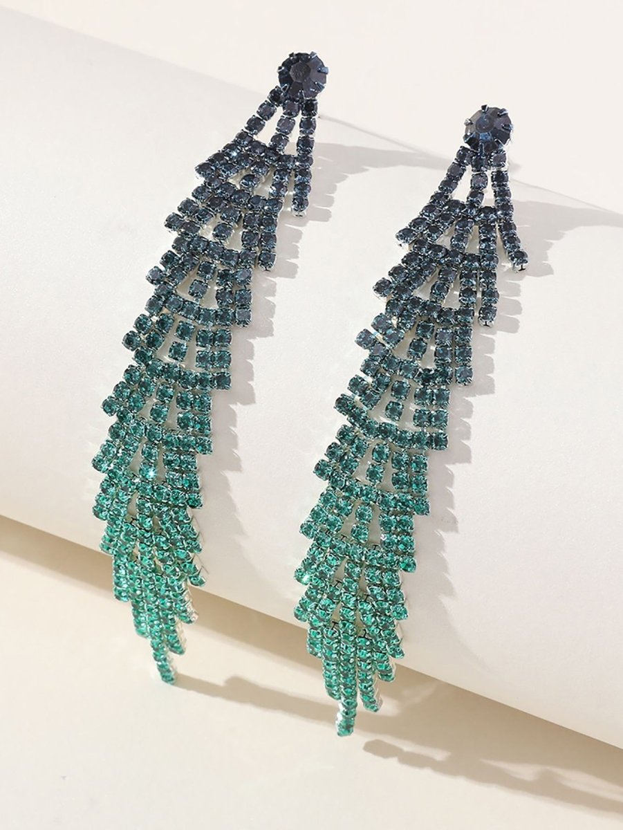 Green Gradient Rhinestones Tassel Long Chain Earrings - KissProm