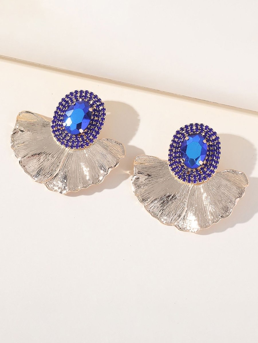 Royal Blue Rhinestones Leaf Floral Oval Earrings - KissProm