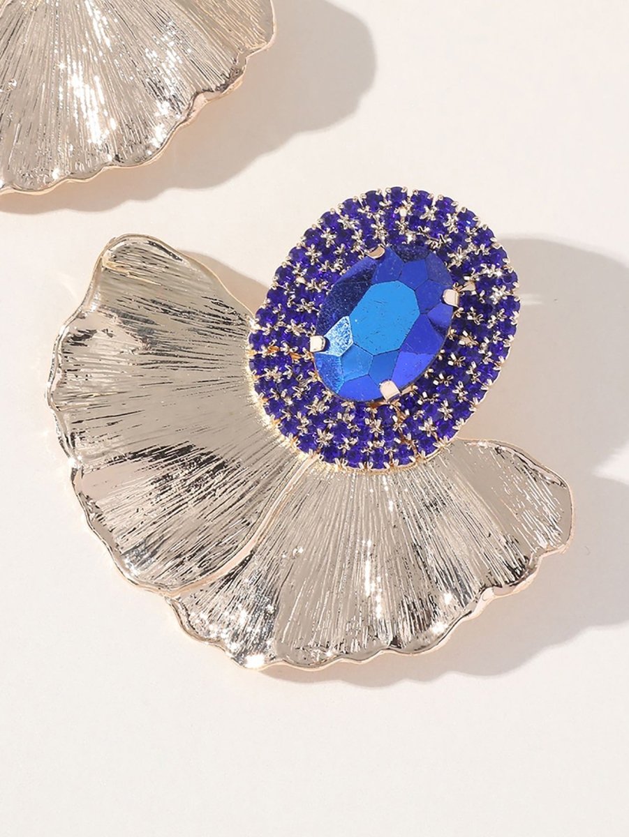 Royal Blue Rhinestones Leaf Floral Oval Earrings - KissProm