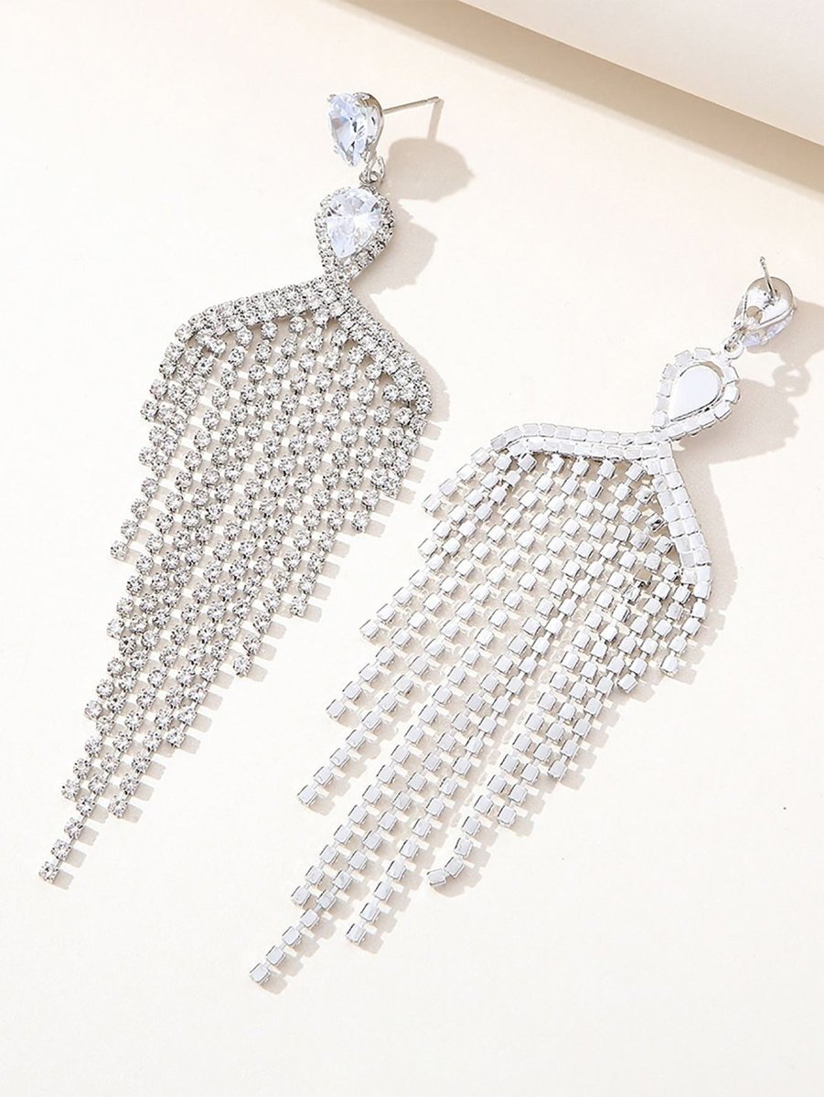 Silver Dangle Simple Rhinestones Tassel Long Earrings - KissProm