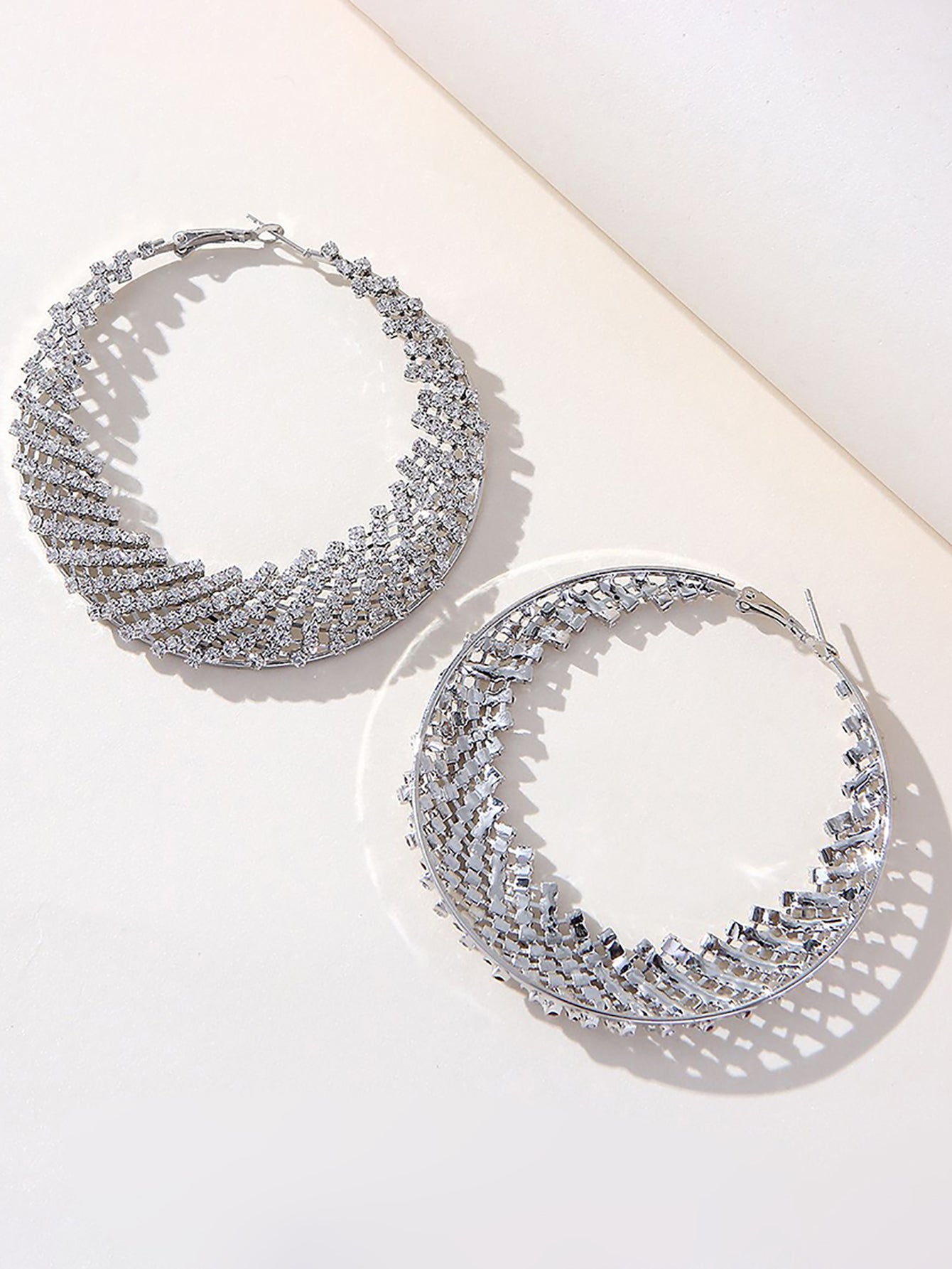 Silver Rhinestones Cutout Hoop Earrings