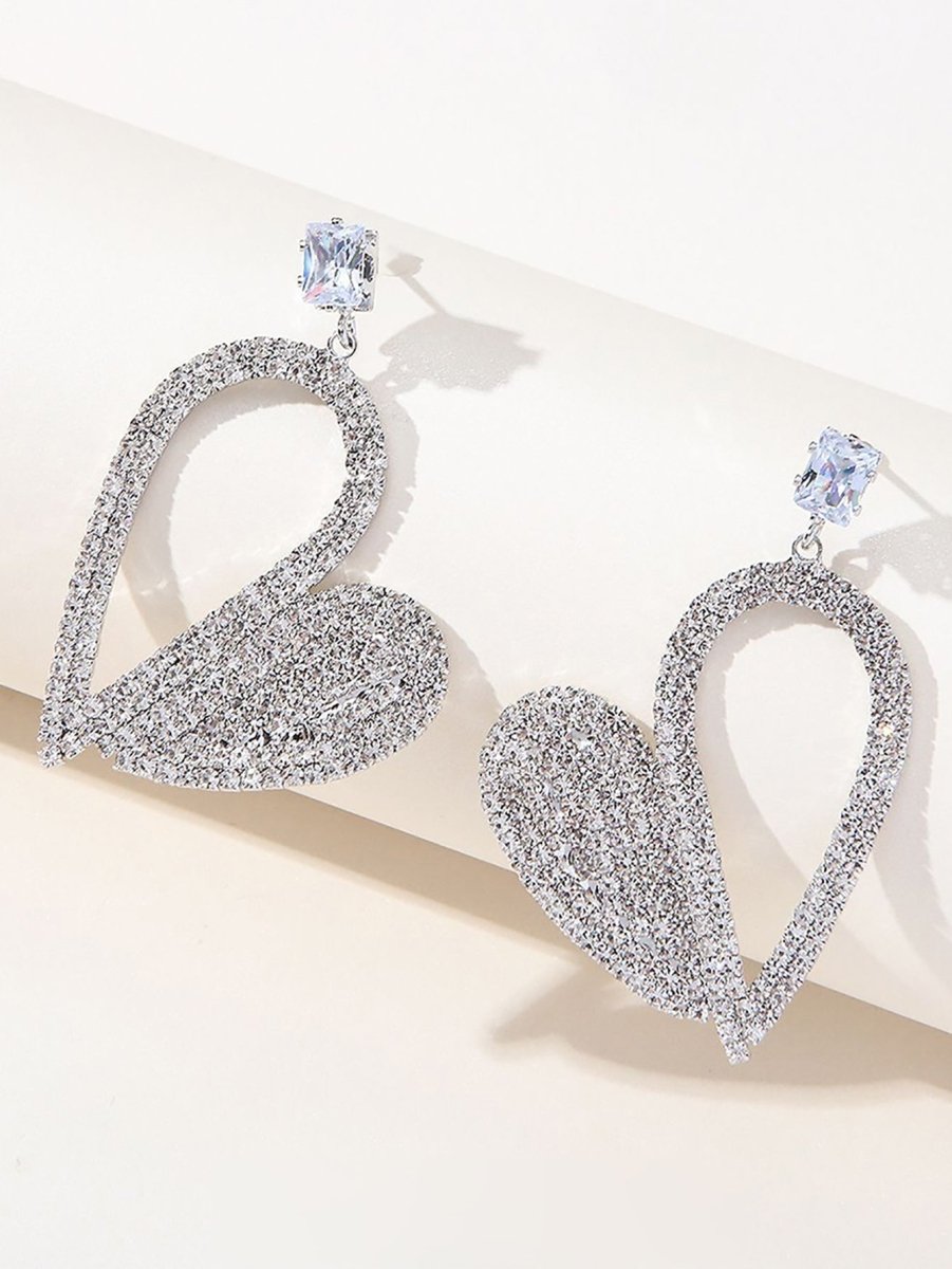 Silver Irregular Rhinestones Heart Hoop Earrings - KissProm