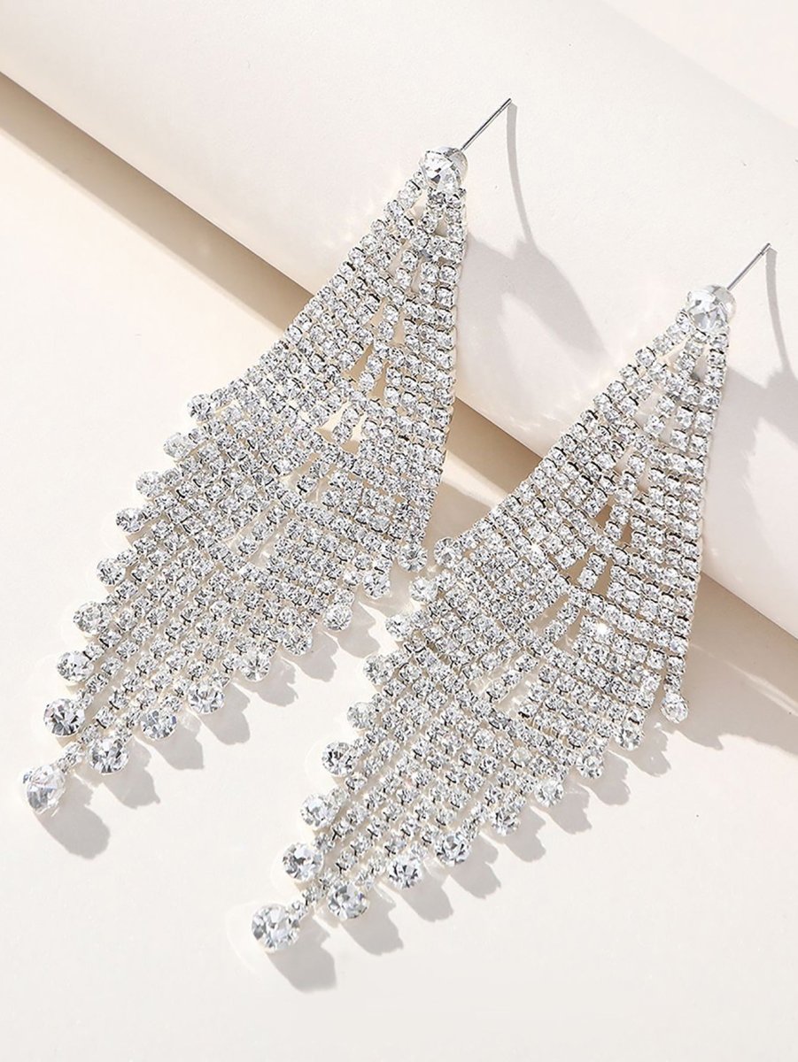Tassel Silver Dangle Simple Rhinestones Long Earrings - KissProm
