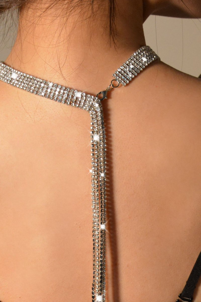 Sparkly Silver Long Crystal Collar Necklace - KissProm