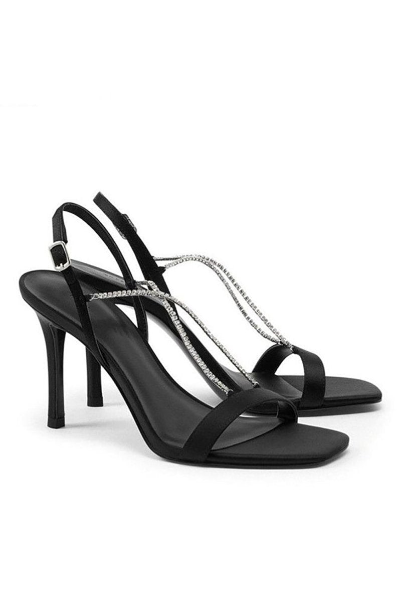 Square Toe Stiletto Black High Heels with Beading - KissProm