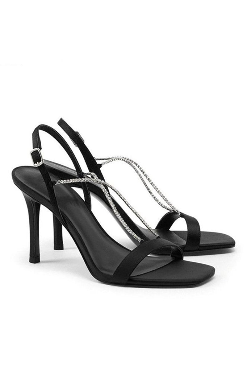 Square Toe Stiletto Black High Heels with Beading - KissProm