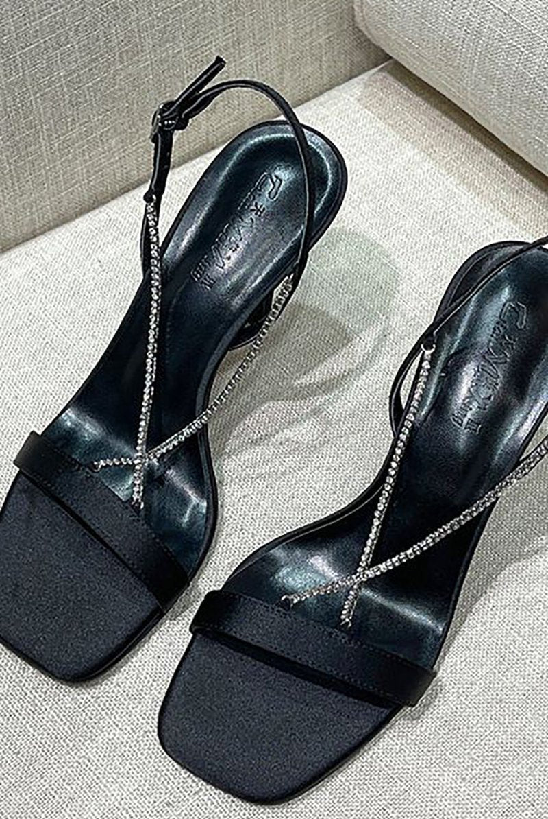 Square Toe Stiletto Black High Heels with Beading - KissProm