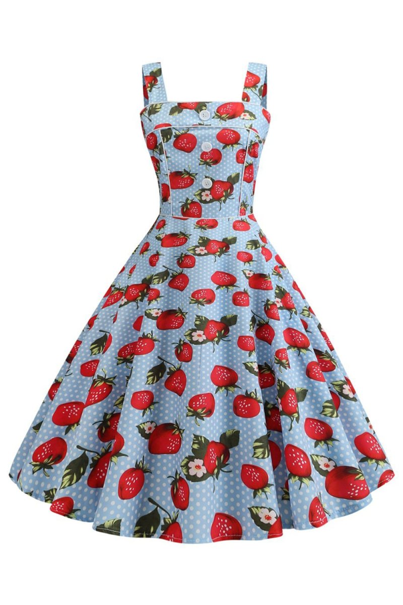Strawbarries Printed Blue Sleeveless 1950s Dress - KissProm