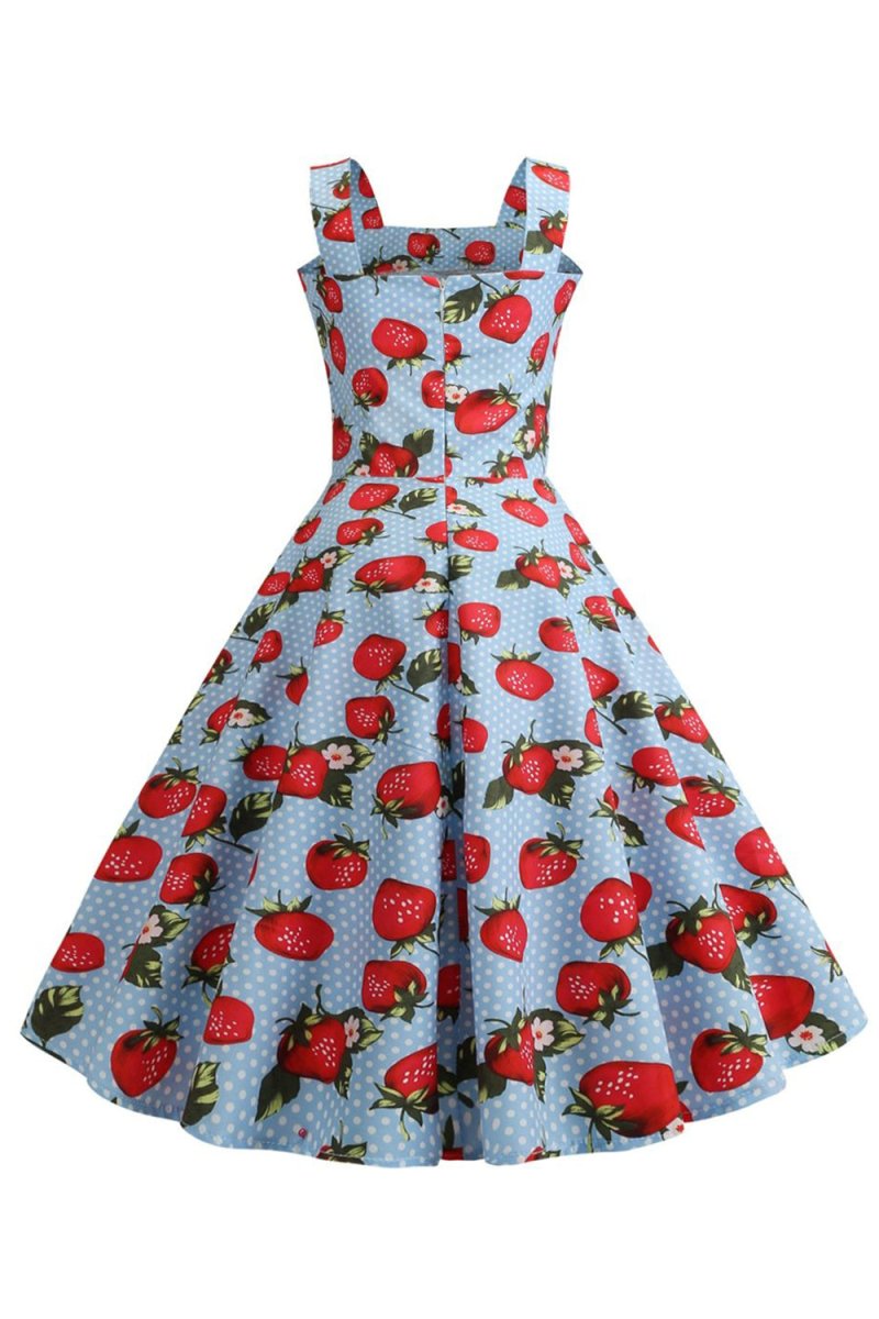Strawbarries Printed Blue Sleeveless 1950s Dress - KissProm