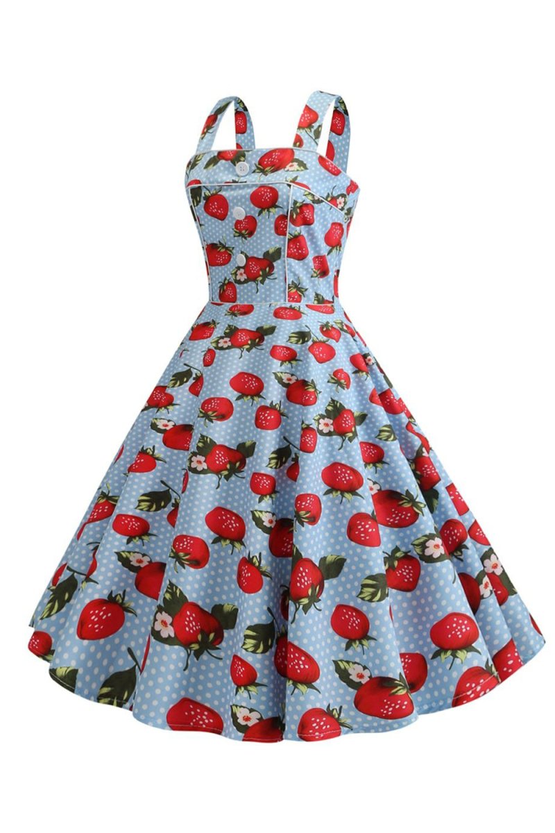 Strawbarries Printed Blue Sleeveless 1950s Dress - KissProm