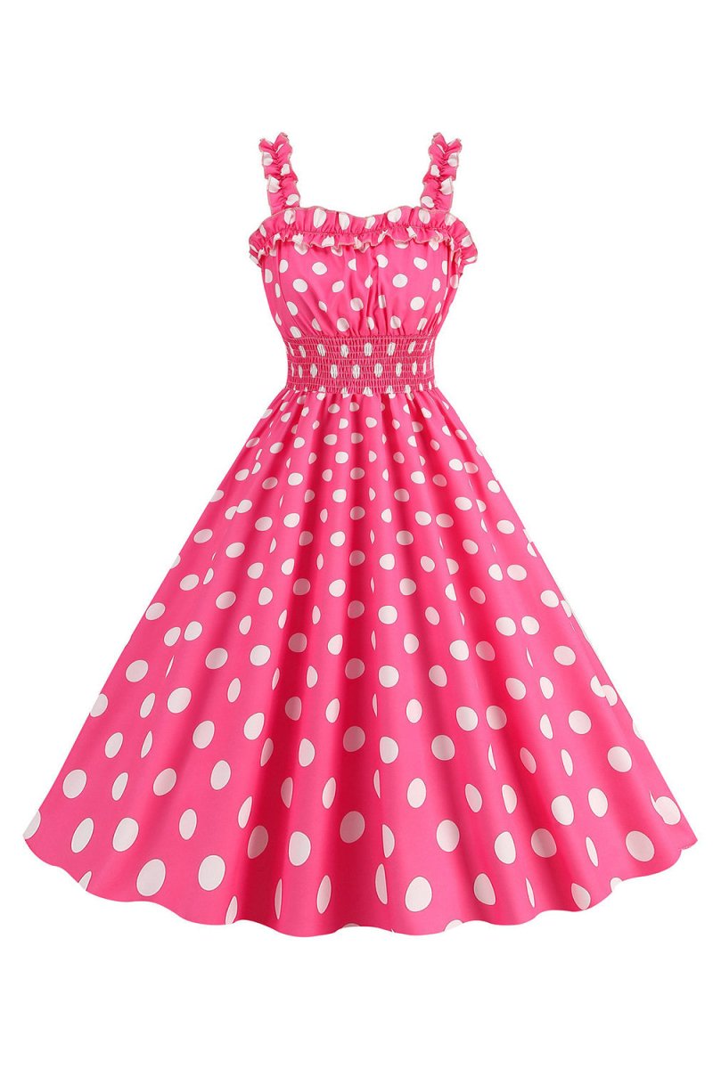 Pink Polka Dots A Line Smocked 1950s Dress - KissProm