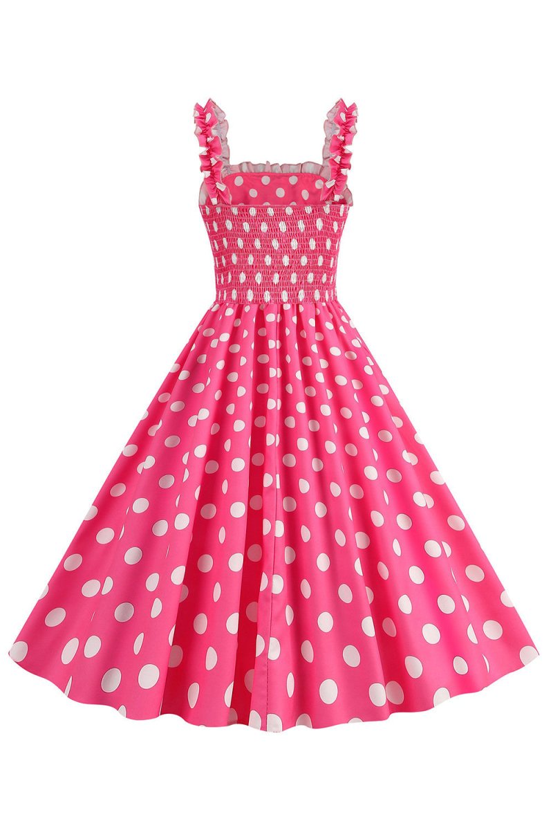 Pink Polka Dots A Line Smocked 1950s Dress - KissProm
