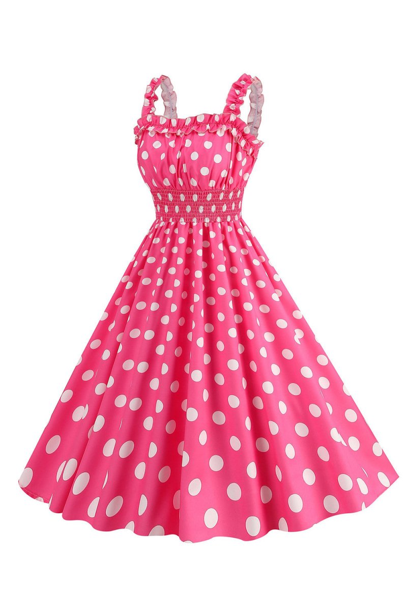 Pink Polka Dots A Line Smocked 1950s Dress - KissProm