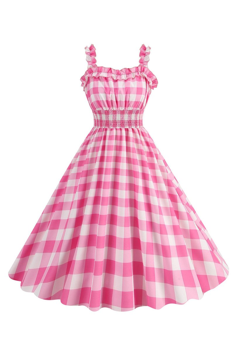 Pink Plaid A Line Smocked 1950s Dress - KissProm