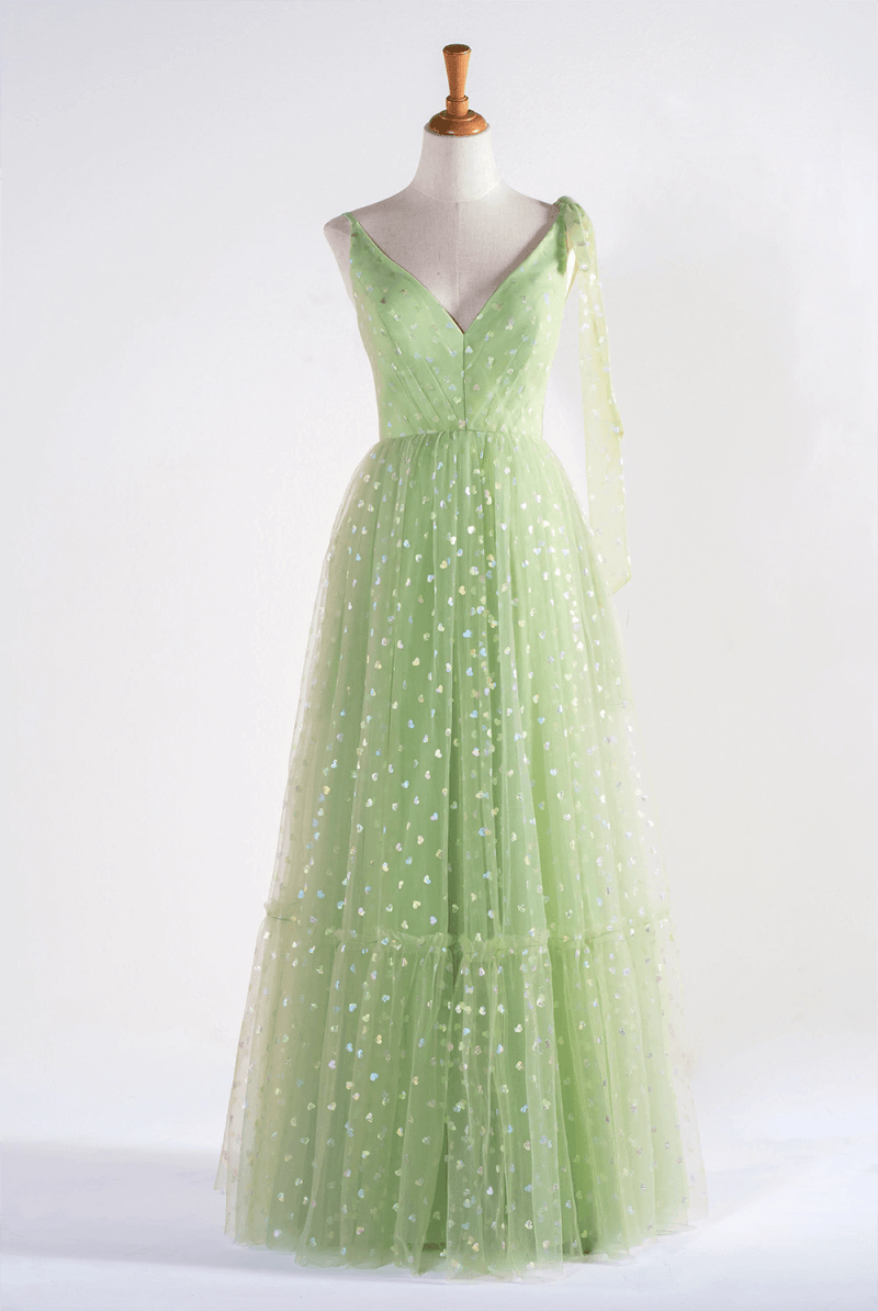 V - neck Dotted Floor Length Tulle Prom Dress - KissProm