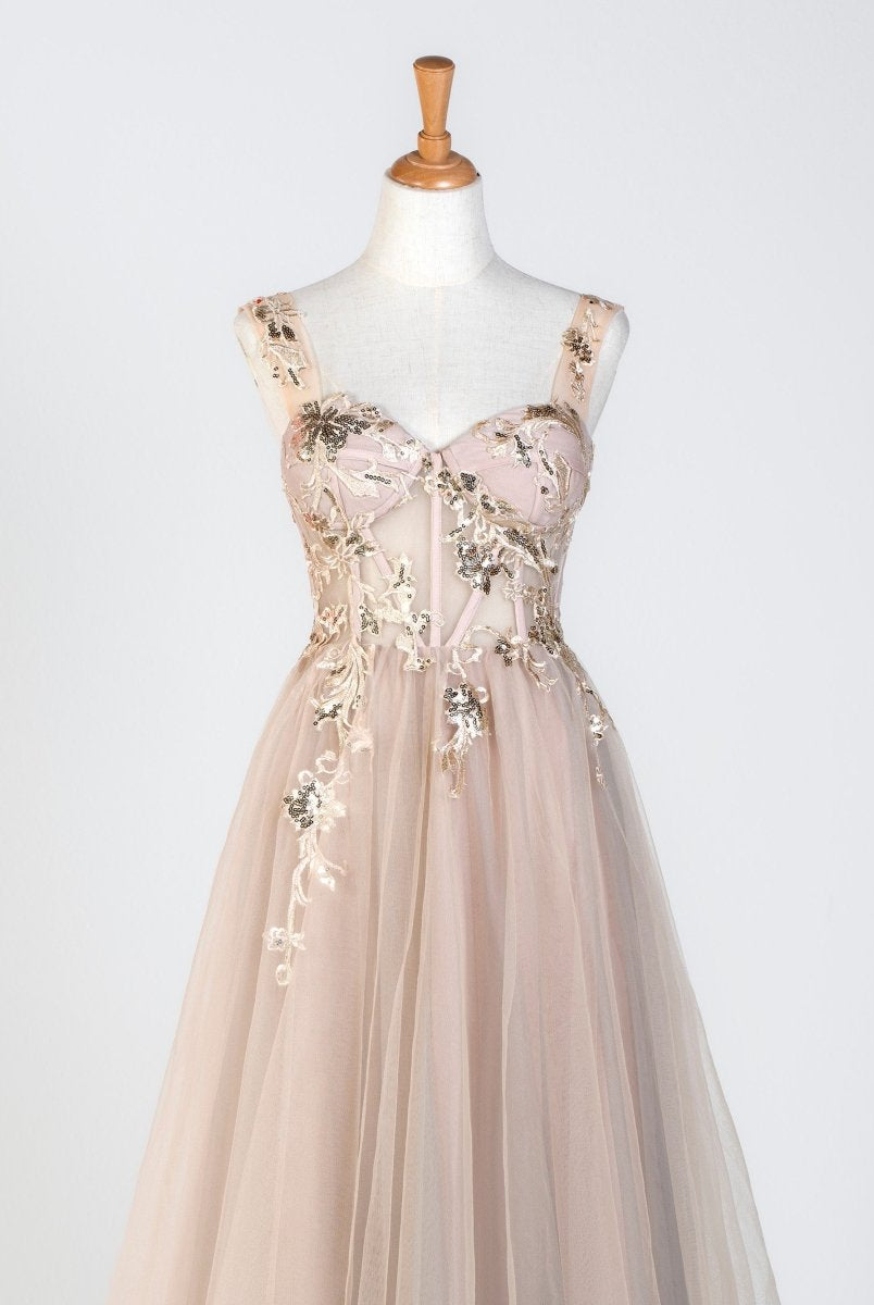 Corset Lace Floor Length Tulle Applique Prom Dress - KissProm