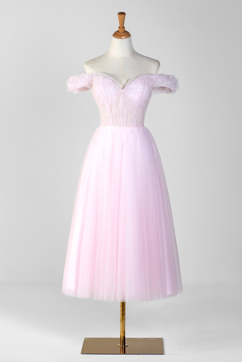Sweetheart Neck Off the Shoulder Tea Length Tulle Prom Dress